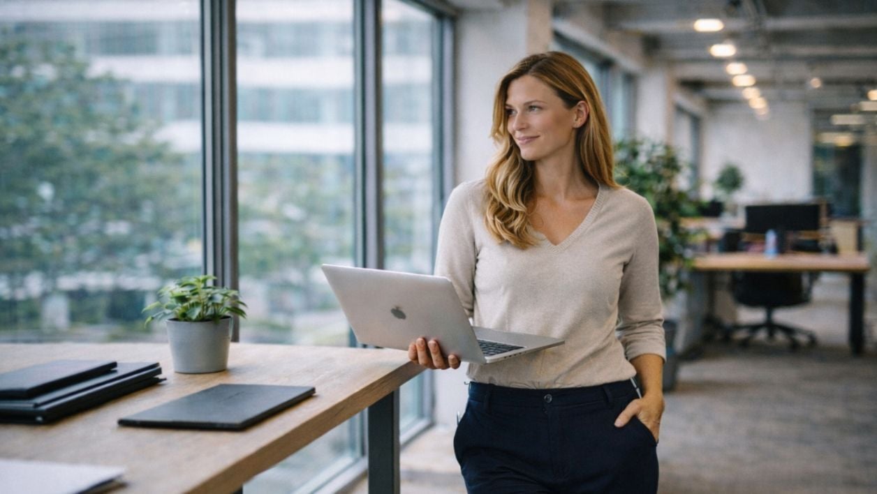 Woman standing with laptop
